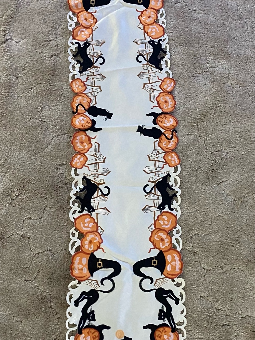 Halloween Pumpkin & Black Cat Table Runner - White and Orange